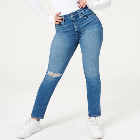 GOOD AMERICAN Navy Wash High Waisted Good Waist Distressed Knee Skinny Jeans - Picture 1 of 13